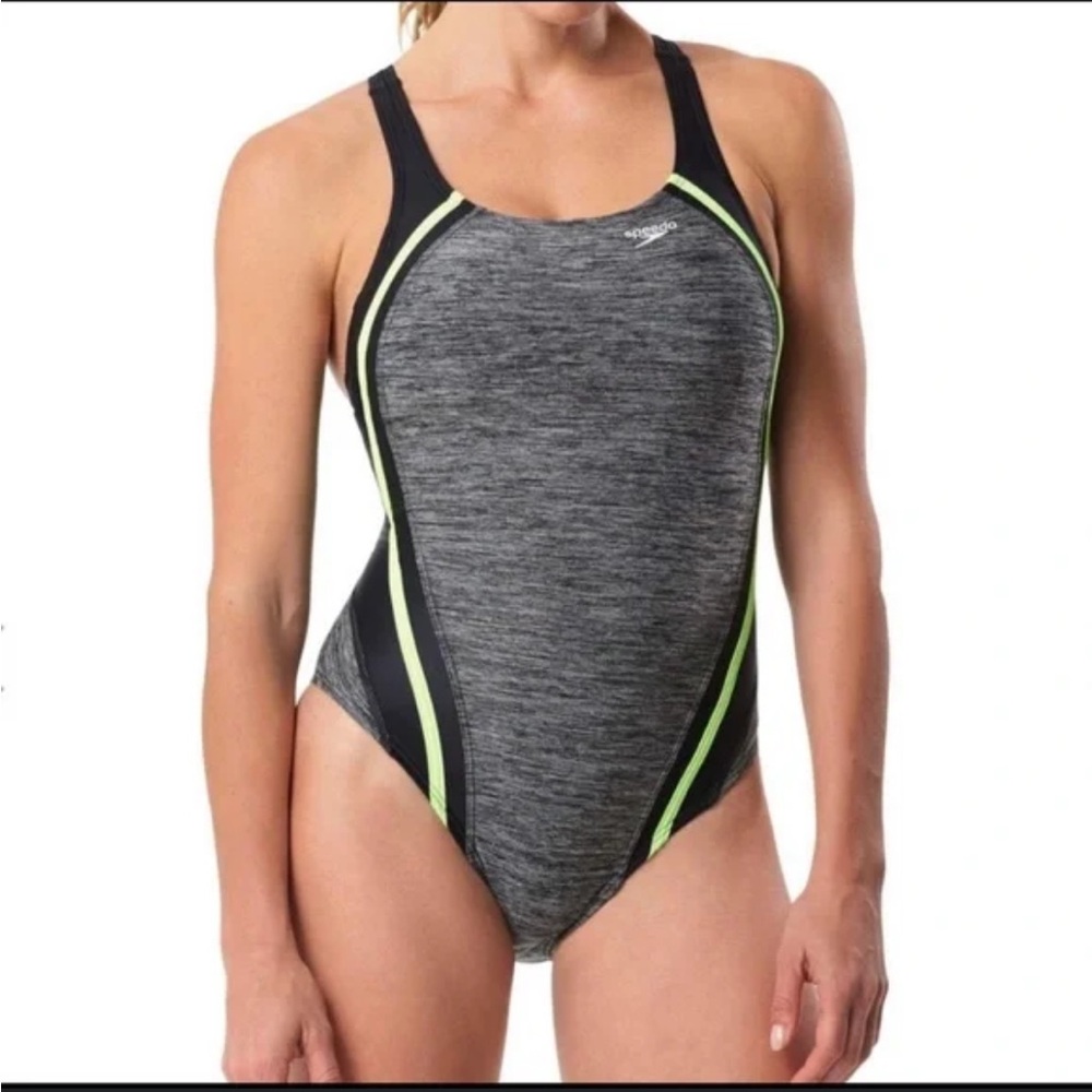 Speedo Heather Gray One Piece Swimsuit Neon Trim Size 6